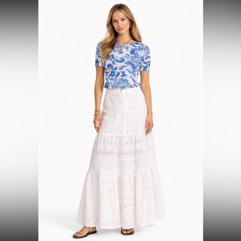 Johnny Was Cielito White Eyelet Tiered Maxi Skirt Boho Embroidered Johnny Was